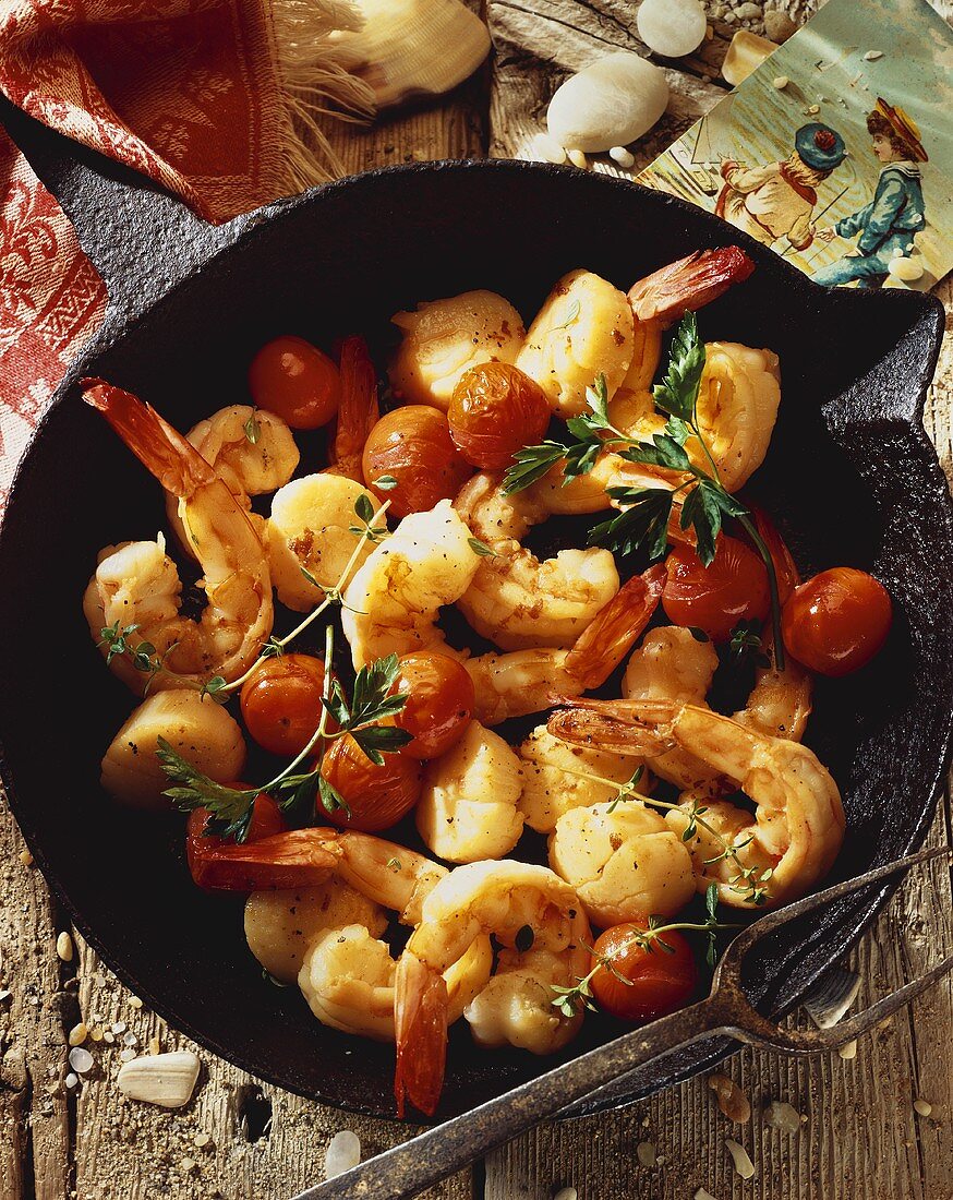 Shrimp, Scallops and Tomato in a Cast Iron Pot, From Above