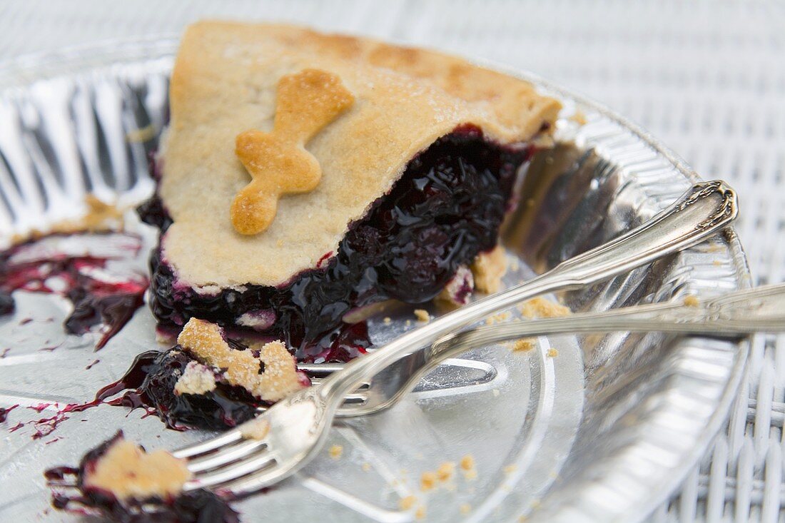 One Piece of Blackberry Pie Left in Pie Pan; Two Forks