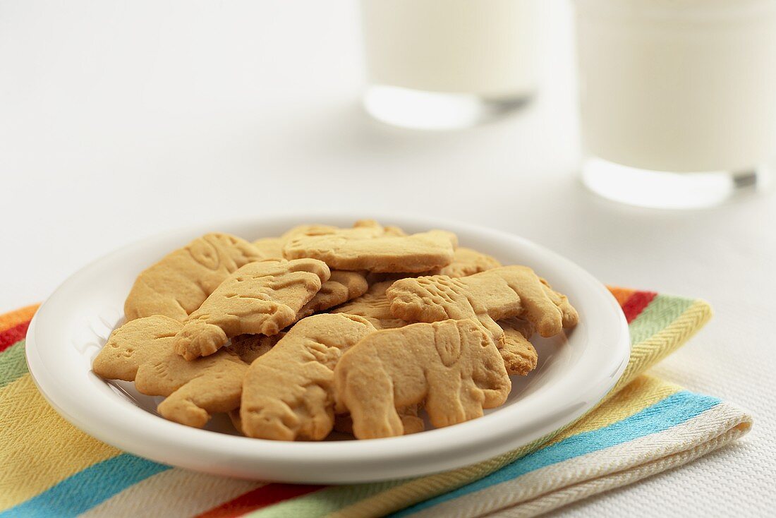 Plate of Animal Crackers with Two Glasses of Milk