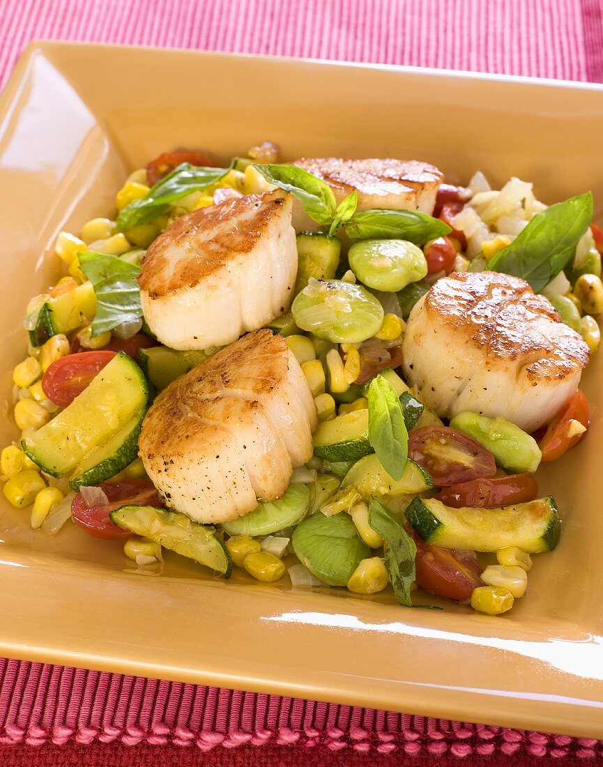 Seared Scallops with Lima Beans, Zucchini, Corn and Tomatoes
