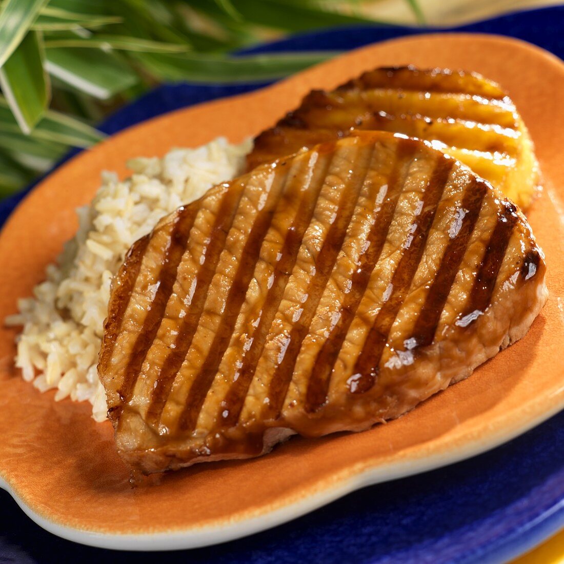 Grilled Boneless Teriyaki Pork Chops with Pineapple and Rice