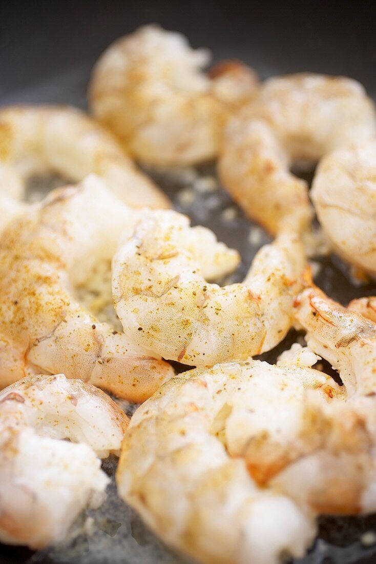 Shrimp and Garlic in a Frying Pan; Close Up