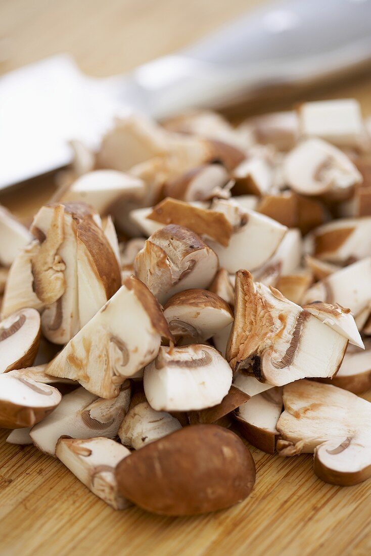 Chopped Portobello Mushrooms on a Cutting Board