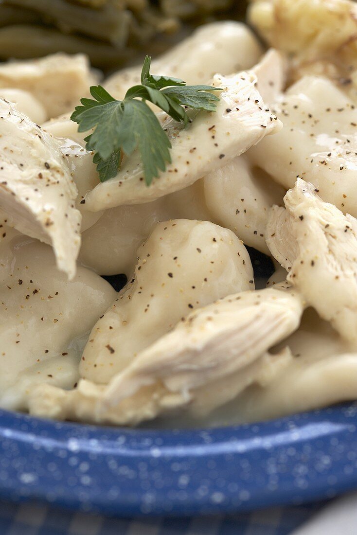 Close Up of Chicken and Dumplings Over Mashed Potatoes
