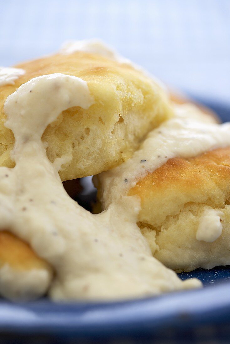 Biscuits Topped with White Gravy; Close Up