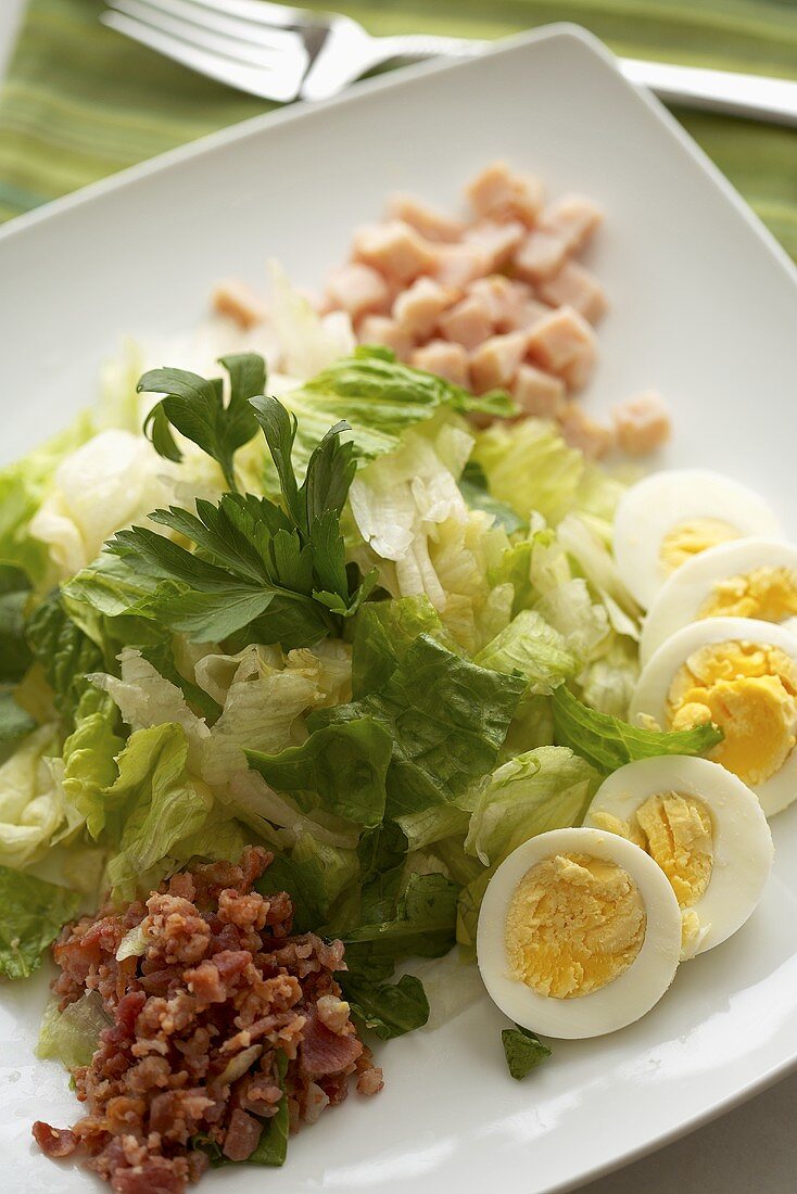 Cobb Salad on a White Plate; From Above
