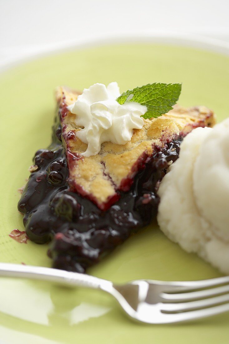 Slice of Blueberry Pie on a Green Plate with Ice Cream