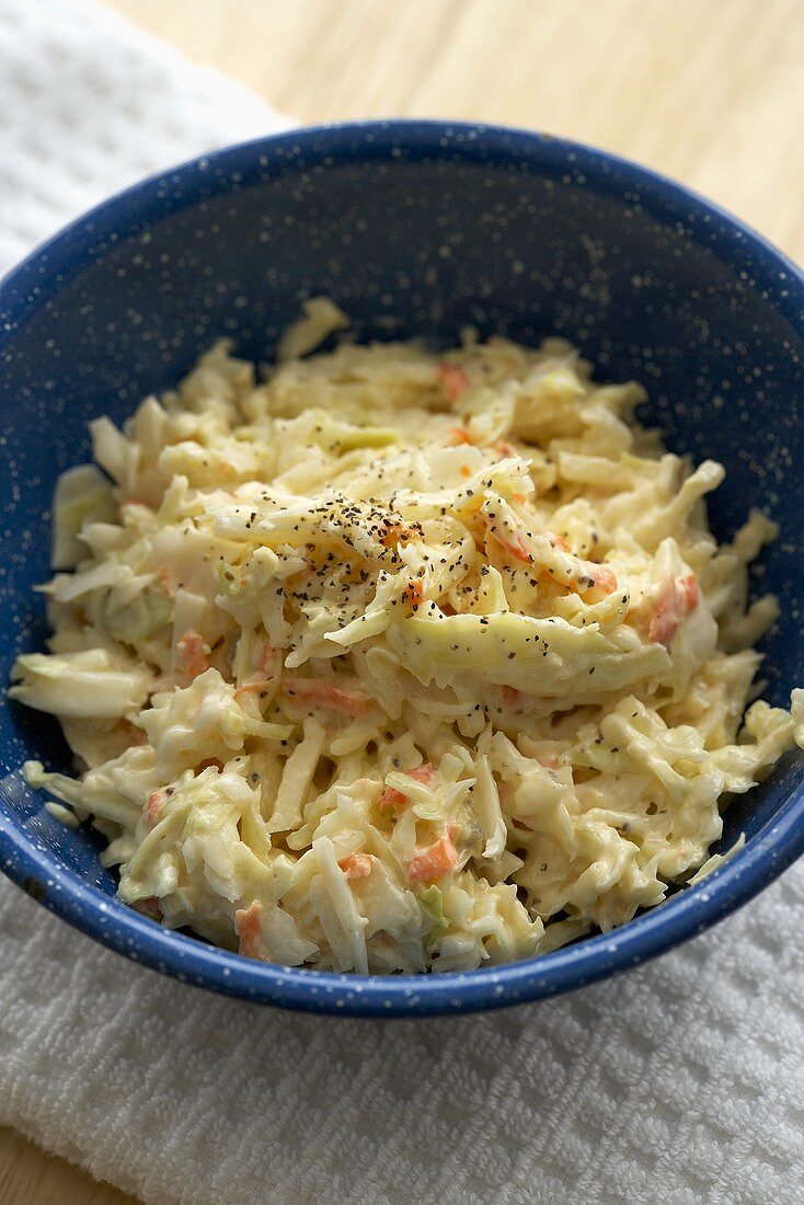 Coleslaw in a Blue Bowl