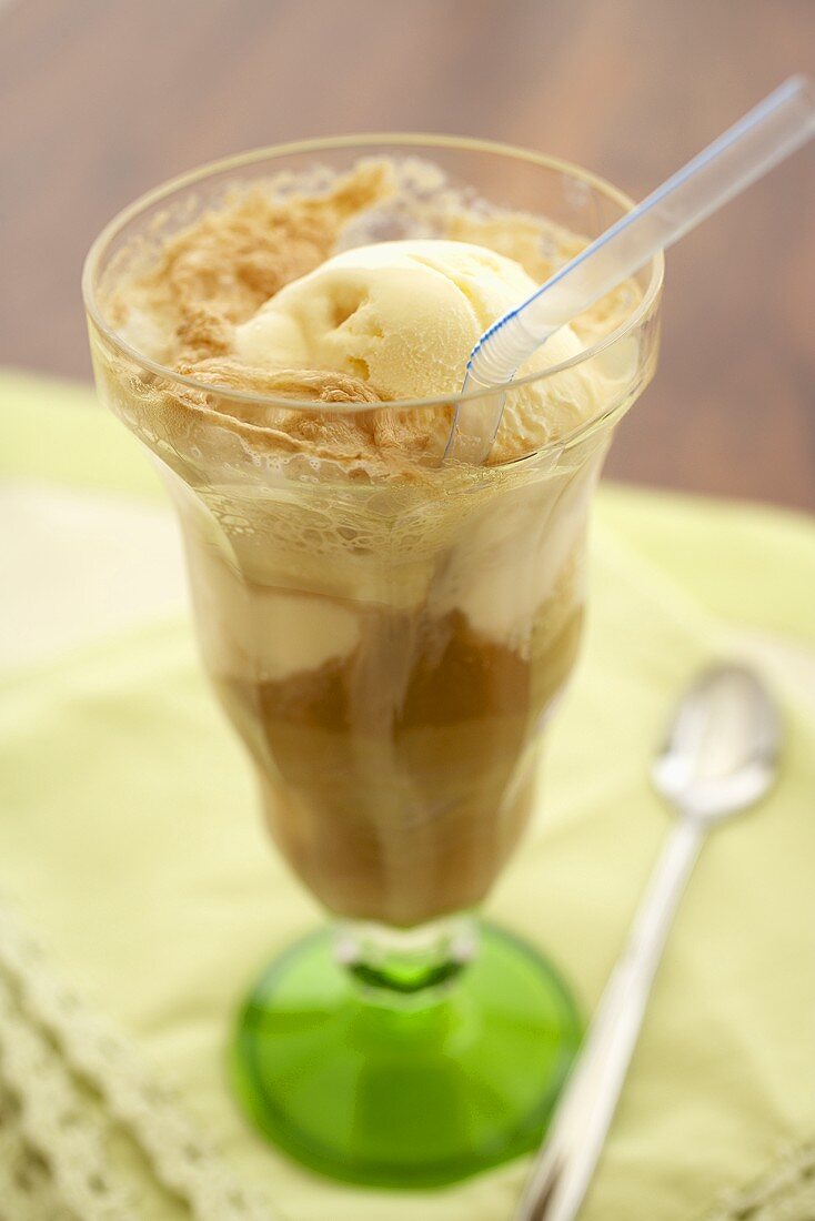 Root Beer Float with a Straw; Spoon
