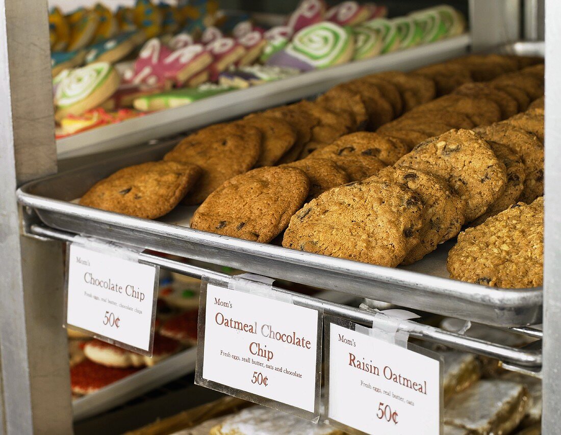 Assortment of Cookies on Display in a Bakery