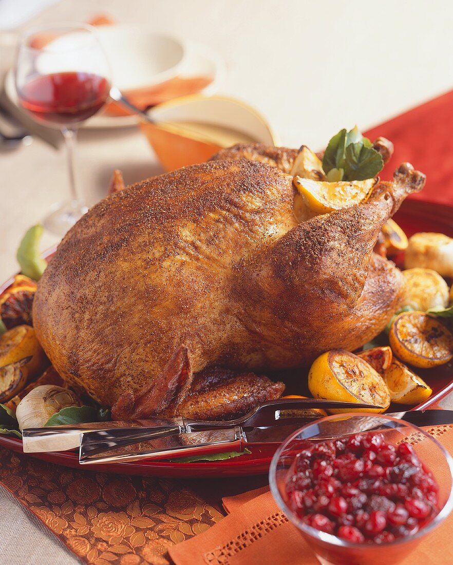 Whole Roast Chicken with Lemons; Cranberry Sauce