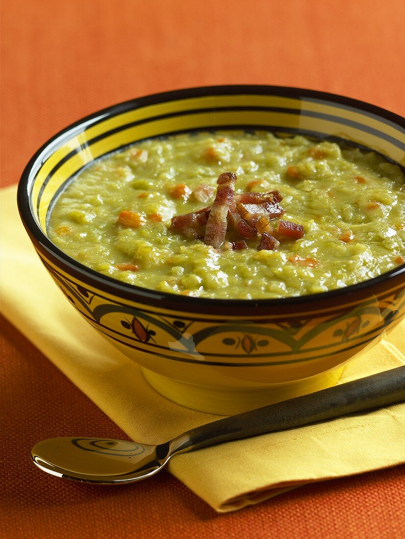 Bowl of Split Pea Soup with Bacon