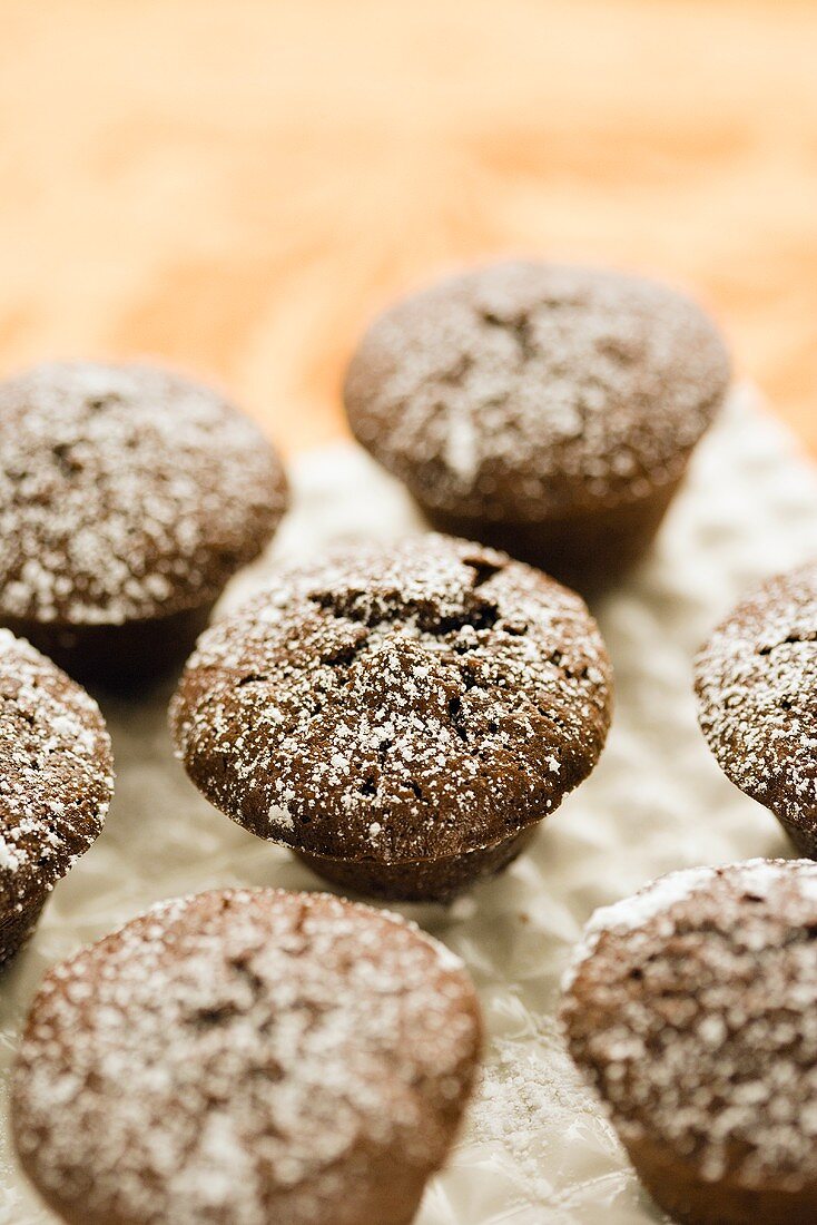 Mehrere Mini-Schokoladen-Muffins mit Puderzucker bestaubt