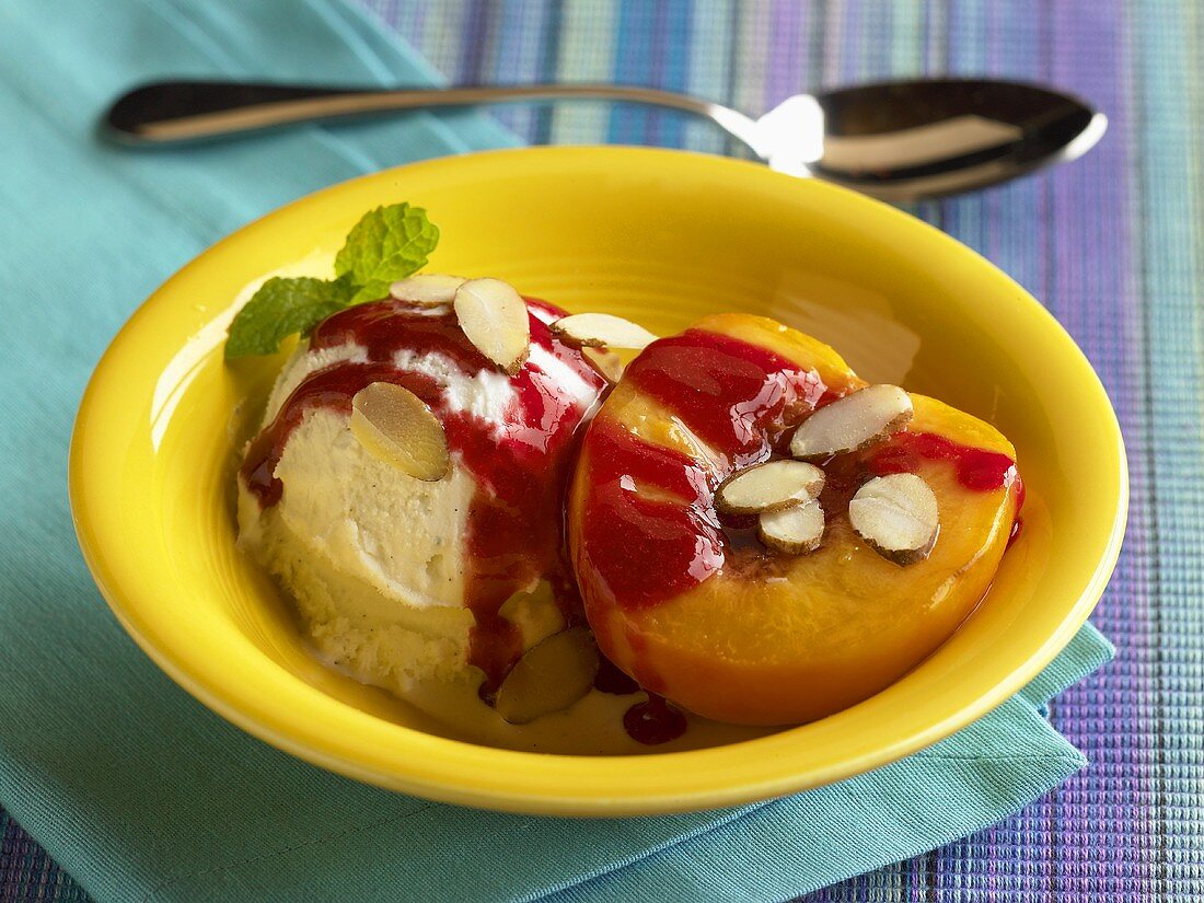 Serving of Peach Melba in a Bowl
