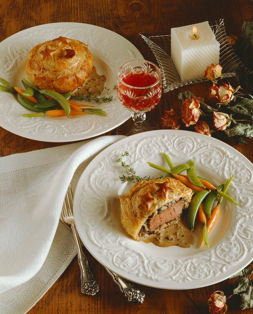 Filets of Beef en Croute with Snap Peas and Carrots