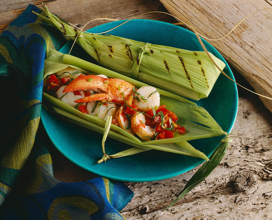 Lobster and Scallops Grilled in Corn Husks