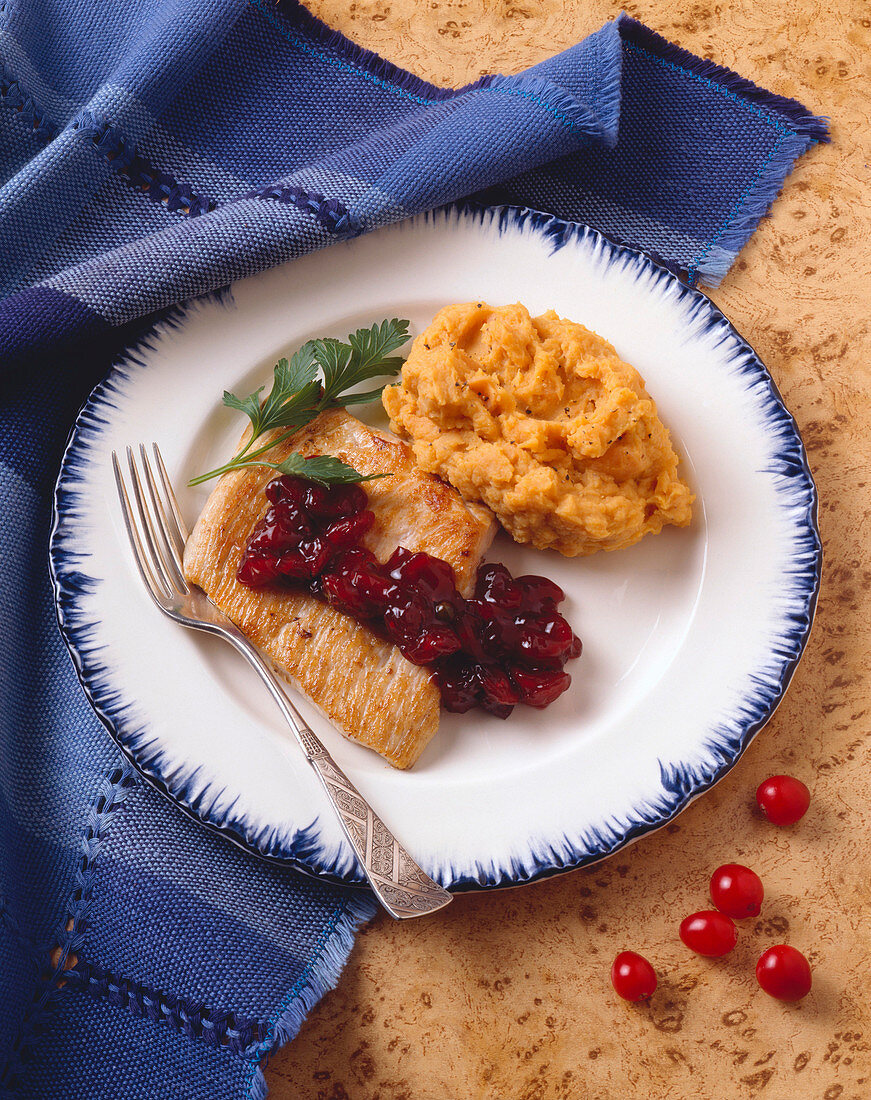 Turkey Cutlet with Chunky Cranberry Sauce and Sweet Potatoes