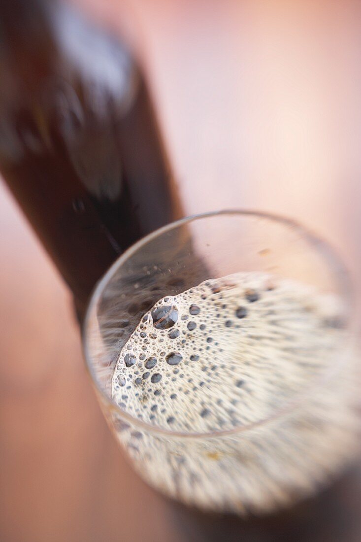 Imported Chocolate Malt Wheat Beer, In Glass and Bottle, Close Up