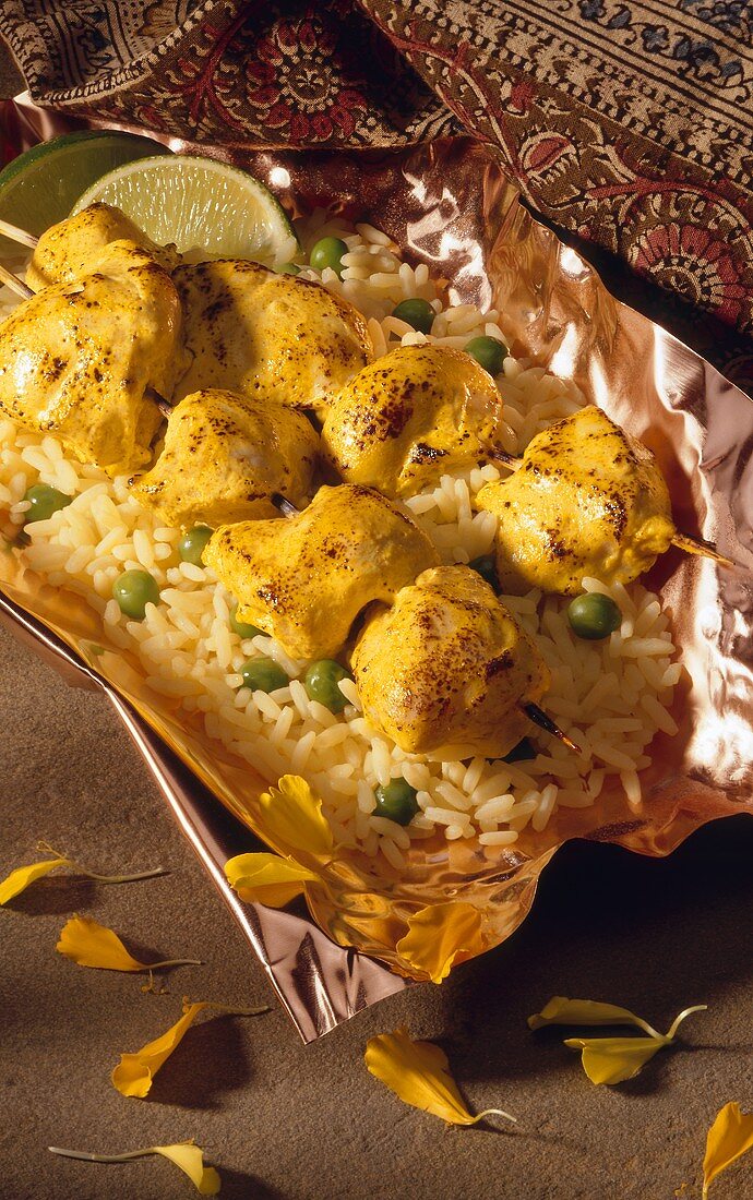 Chicken Kabobs on a Bed of Rice with Peas
