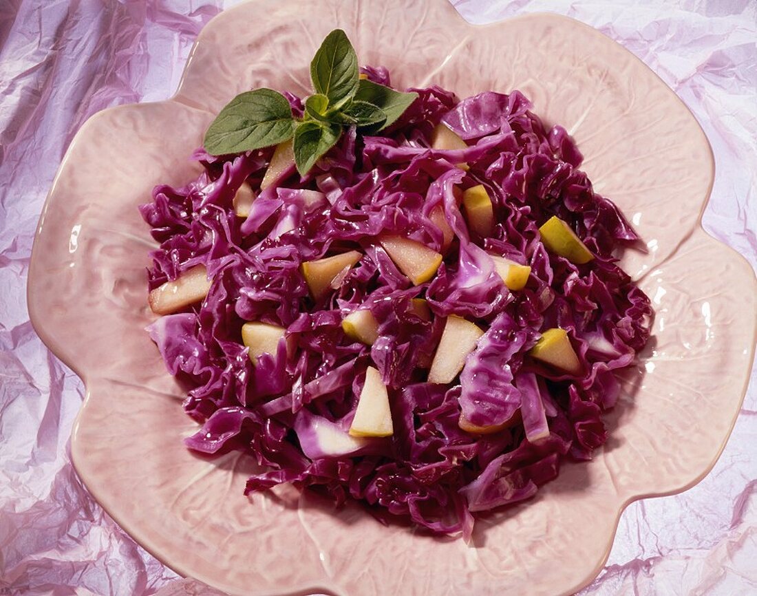 Red Cabbage and Pear Salad on a Flower Plate, From Above