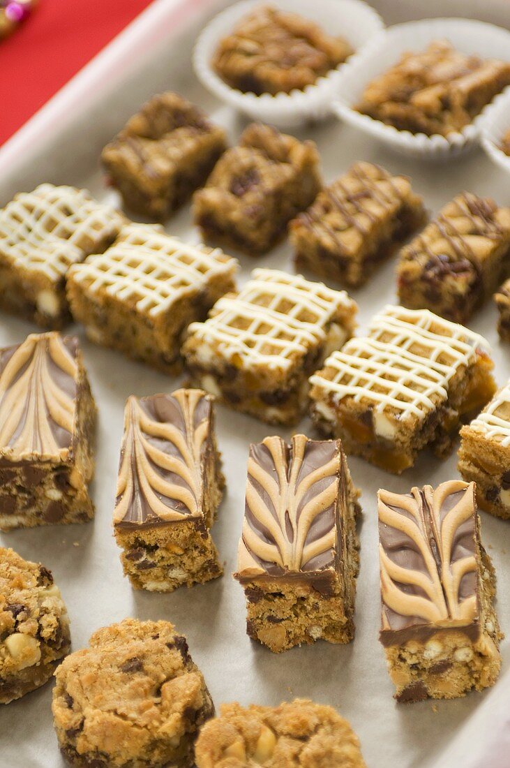 Bite-Size Dessert Bars and Cookies on a Baking Sheet