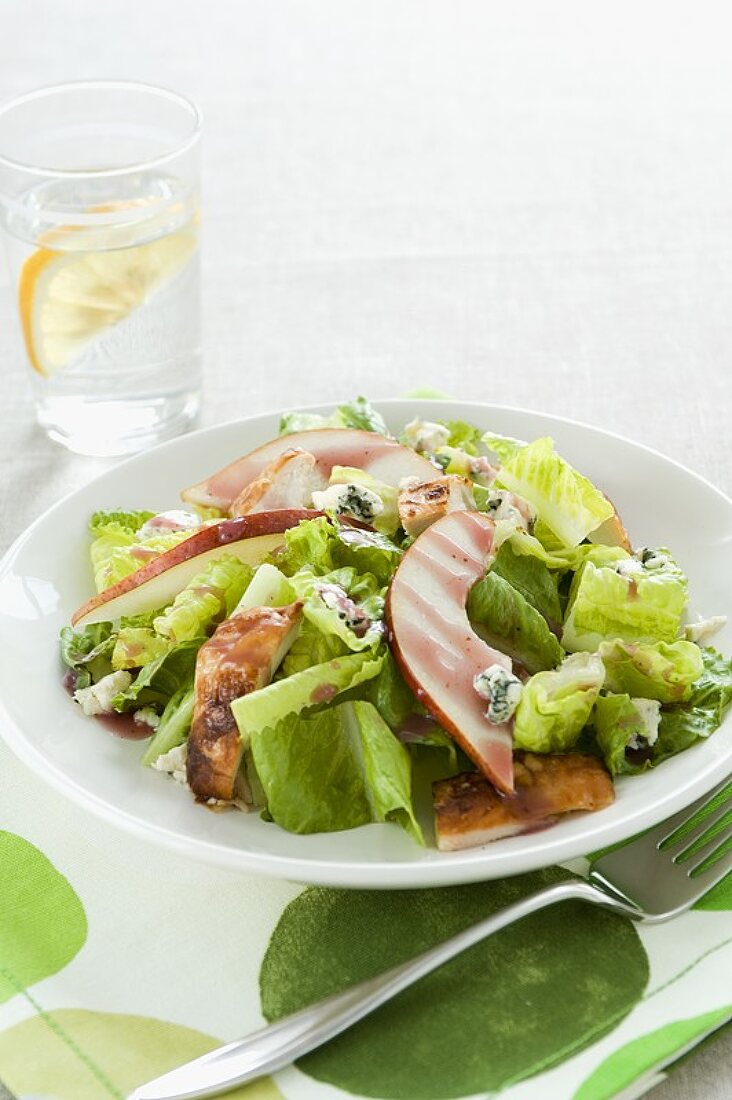 Chicken and Pear Salad with Blue Cheese and Dressing, Glass of Water