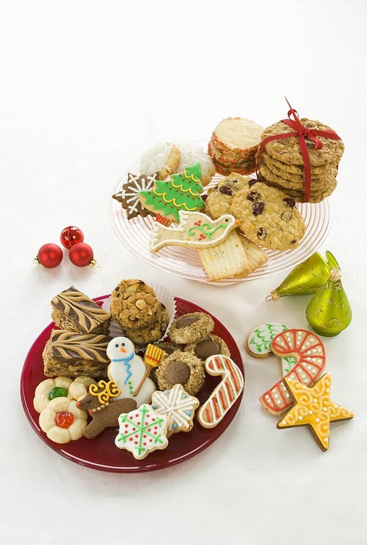 Assortment of Christmas Cookies, Christmas Ornaments, White Background