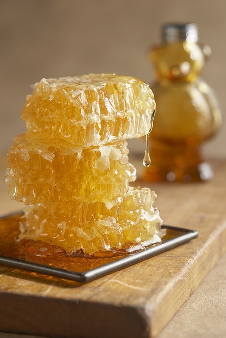 Honig tropft von Honigwabe, im Hintergrund Honigbär
