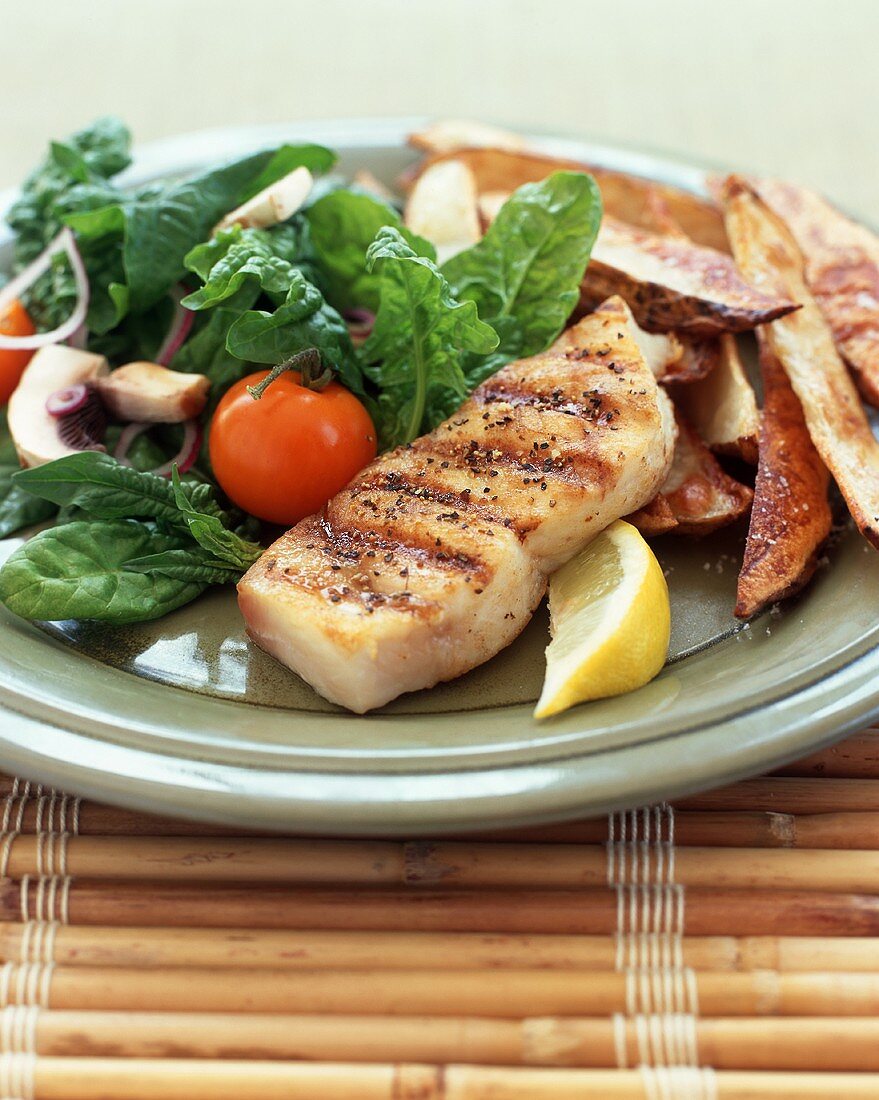 Grilled Halibut with Oven Fries and Spinach Salad