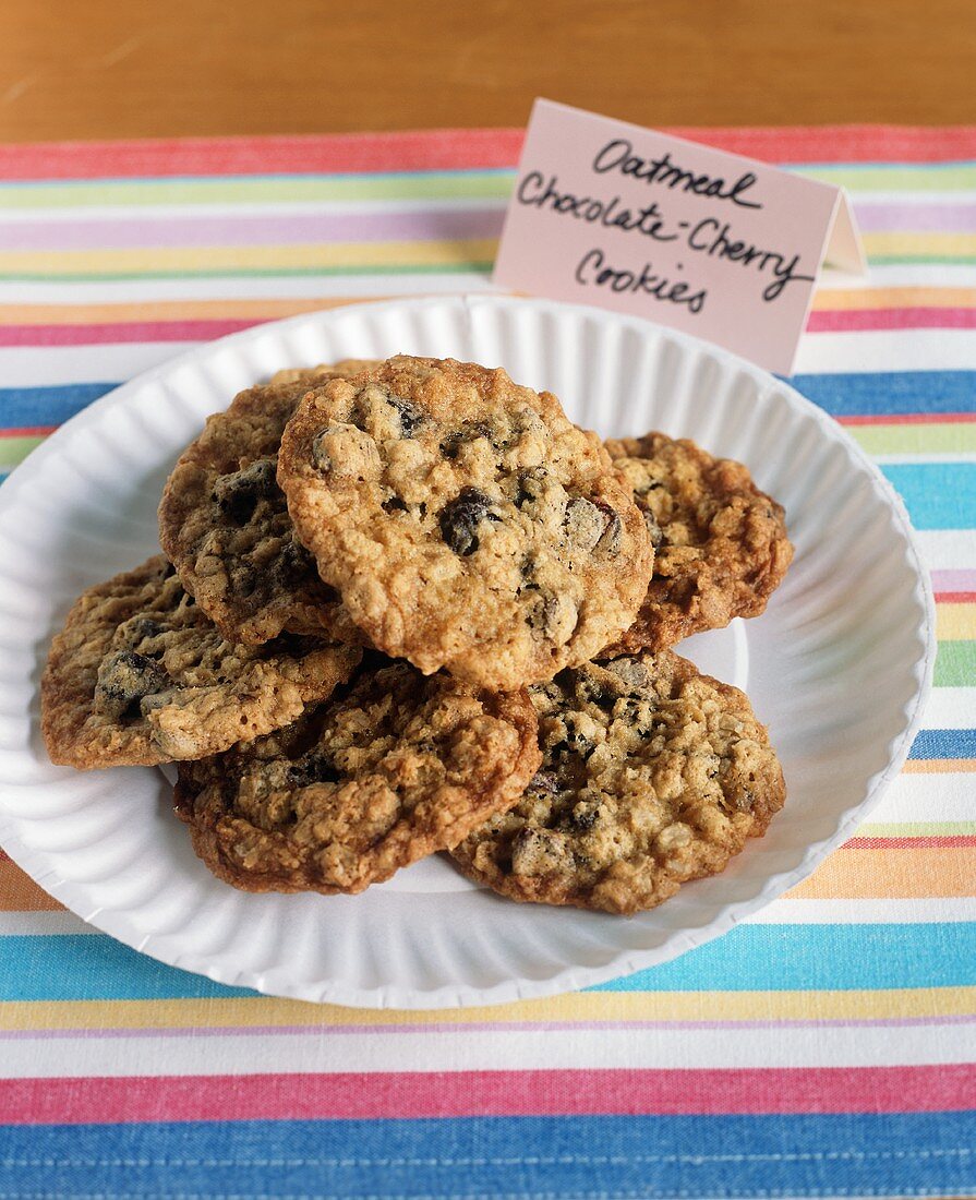 Oatmeal Chocolate Cherry Cookies on a Plate; Label