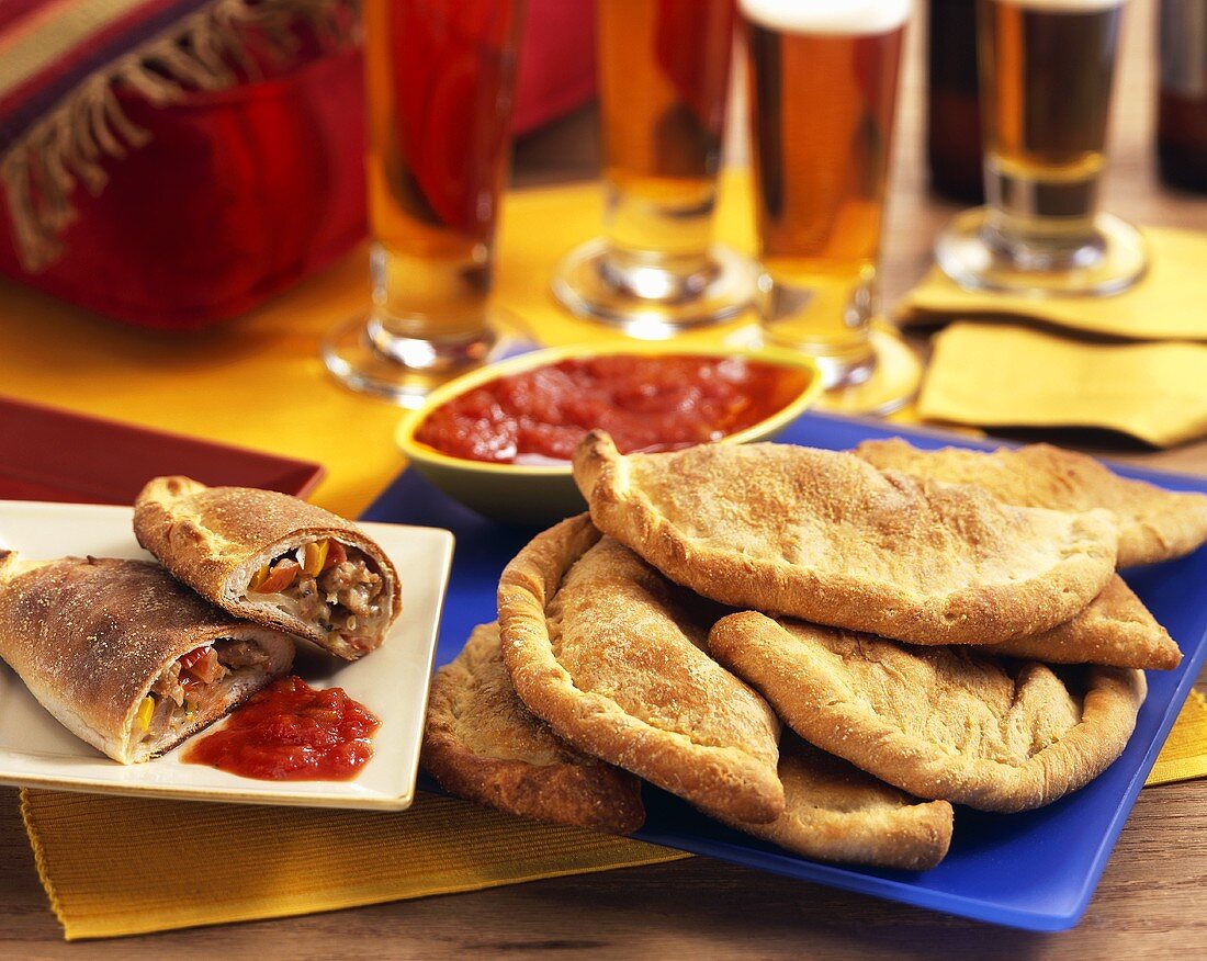 Calzones with Marinara Sauce; Beer