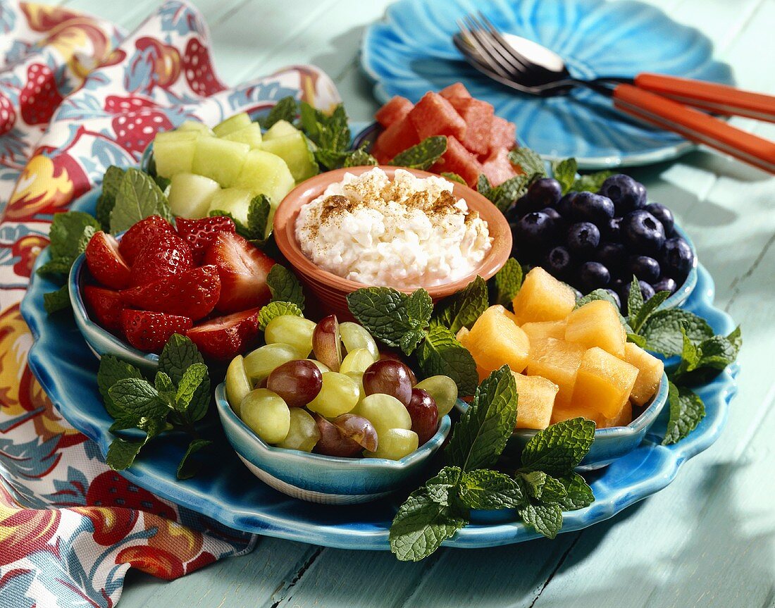 Fruit Tray with Bowls of Fruit and Cottage Cheese