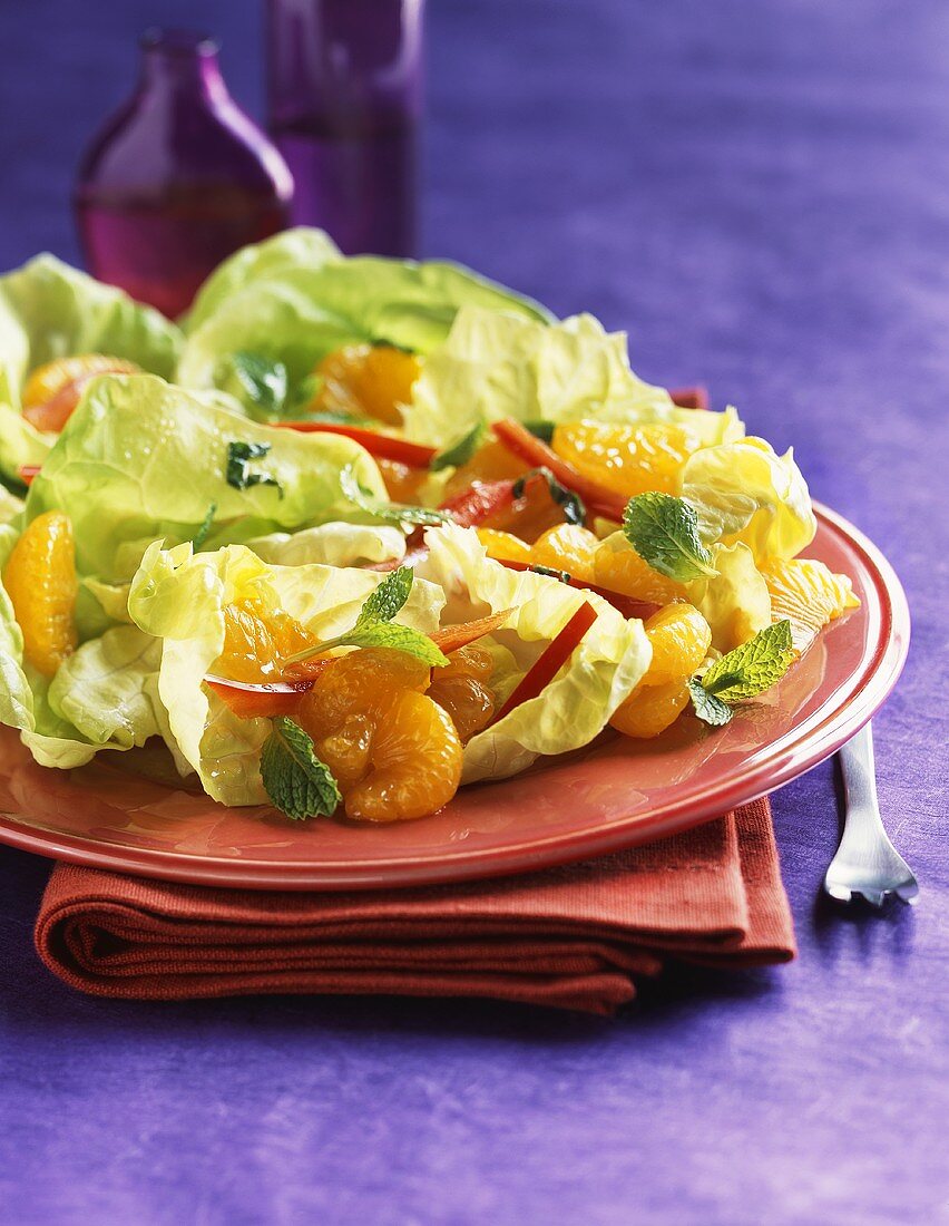 Kopfsalat mit Mandarine, Paprikastreifen und Minzblättern