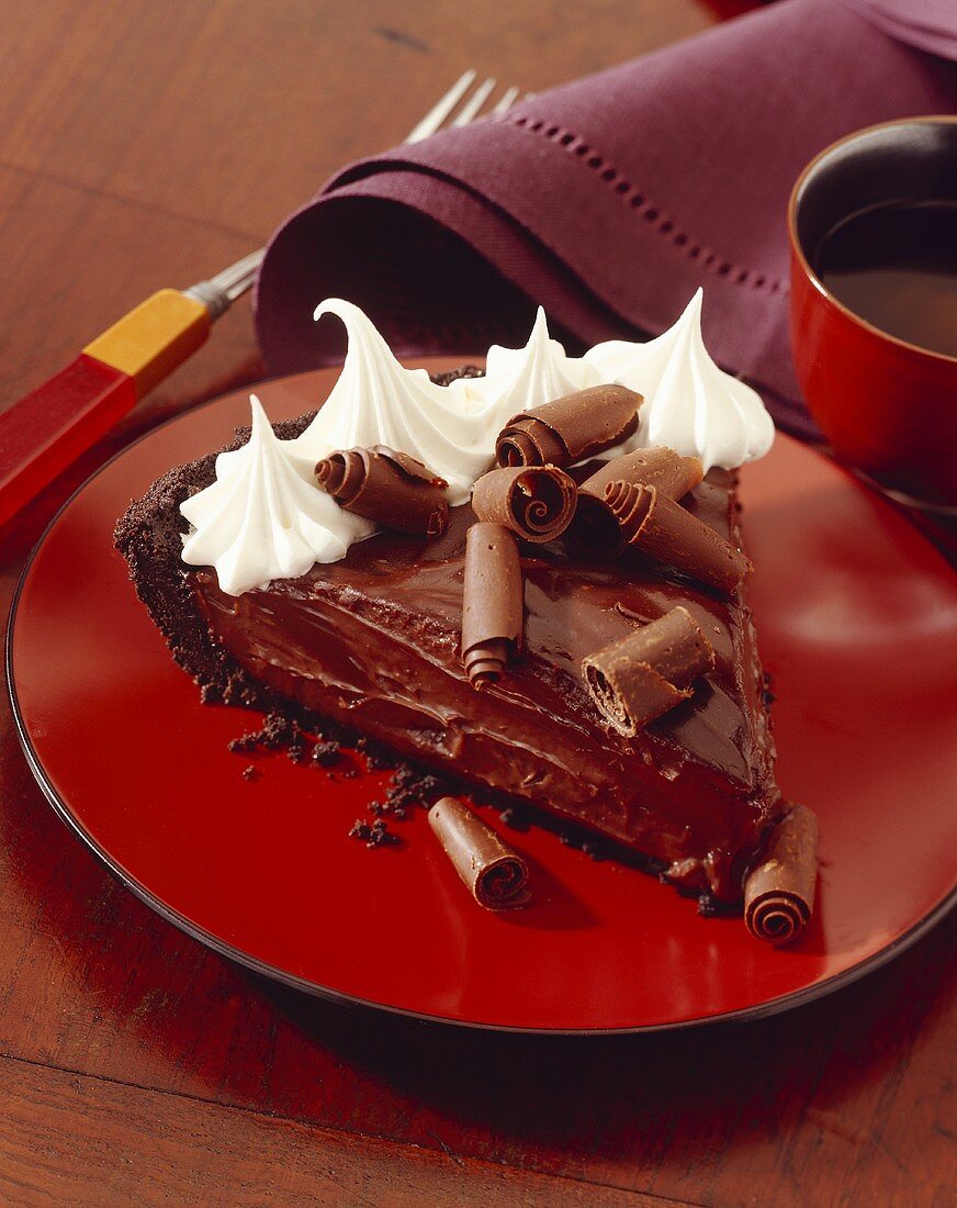 Slice of Chocolate Mousse Pie with Chocolate Shavings