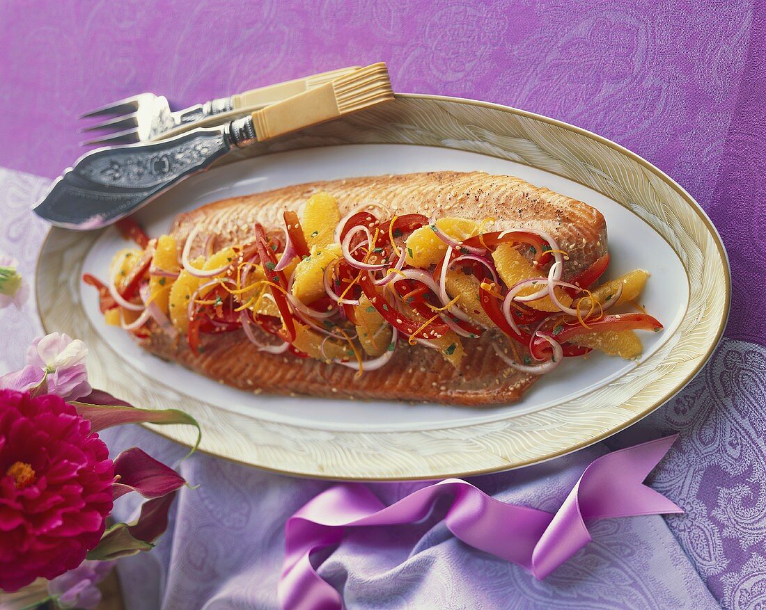 Salmon Fillet Topped with Oranges, Red Peppers and Onions