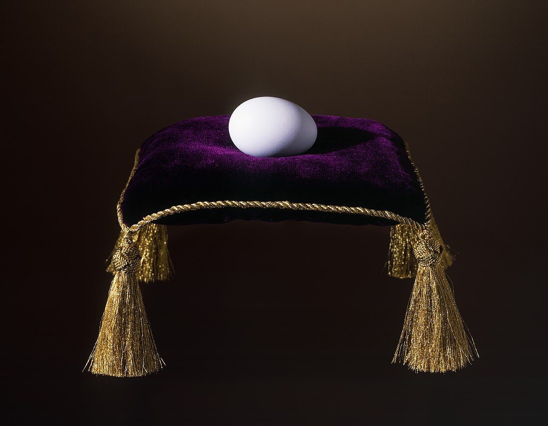 A White Egg on a Velvet Pillow with Tassels