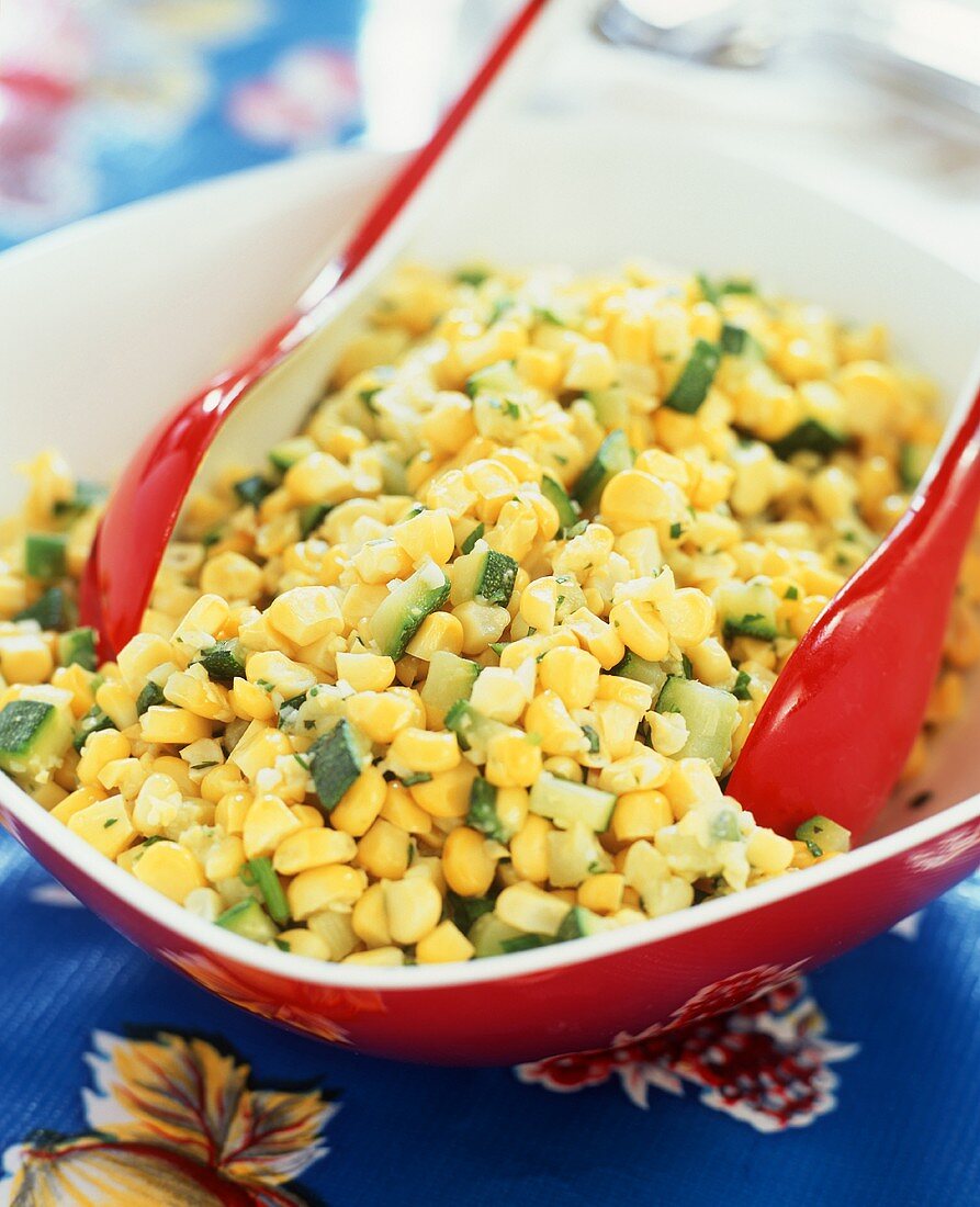 Corn with Diced Zucchini in a Serving Bowl