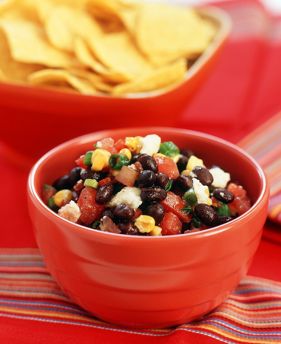 Bowl of Toasted Corn and Black Bean Salsa with Crumbled Queso Fresco