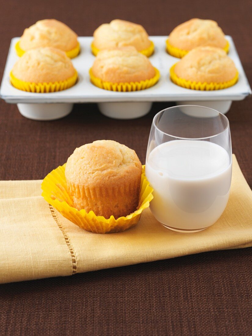 Lemon Muffin with a Glass of Milk; Muffins in Pan