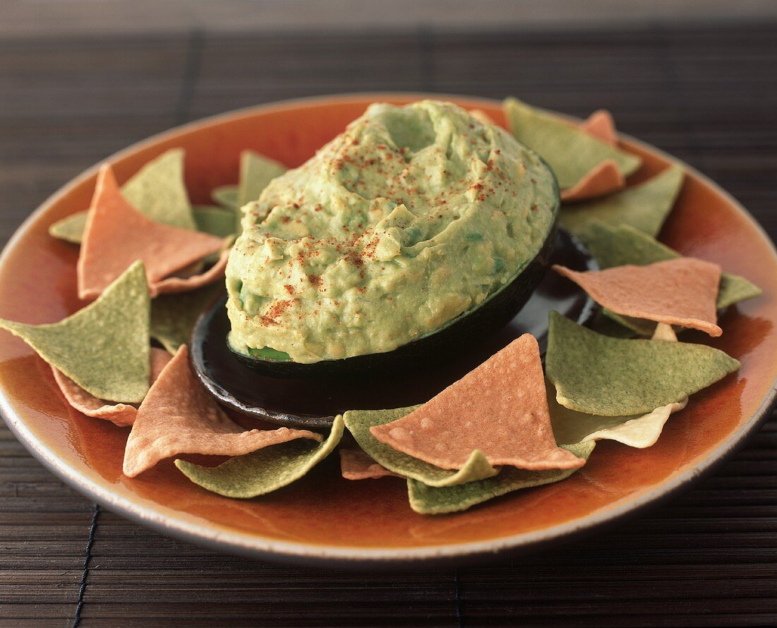 Avocado Dip with Chips on a Platter
