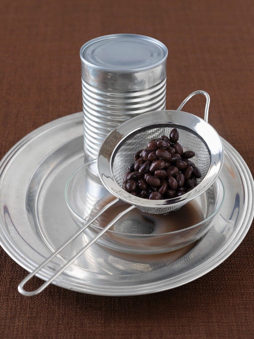 Canned Black Beans Straining in Sieve