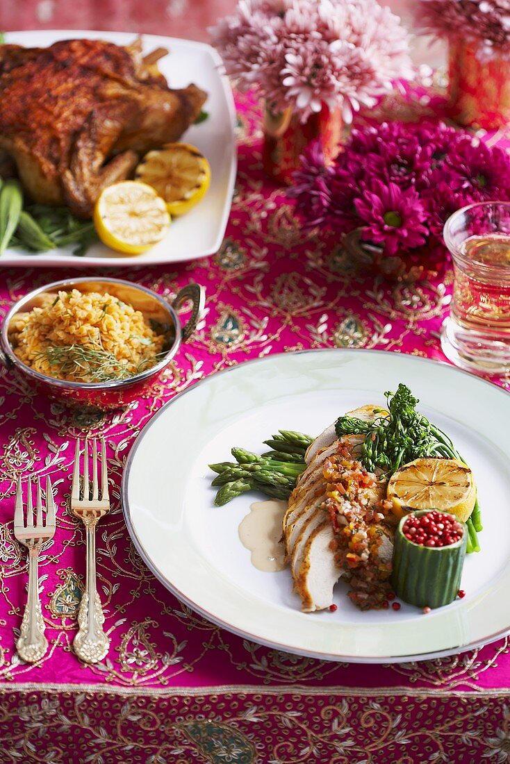 Indian Lemon Masala Chicken with Cilantro Pepper Relish, Apricot Couscous