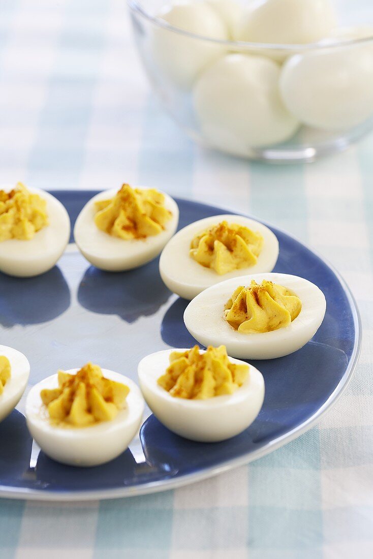 Deviled Eggs on a Blue Plate, Bowl of Eggs