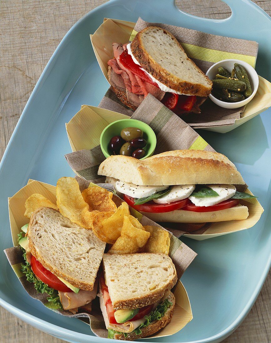 Ein Tablett mit verschiedenen Sandwiches
