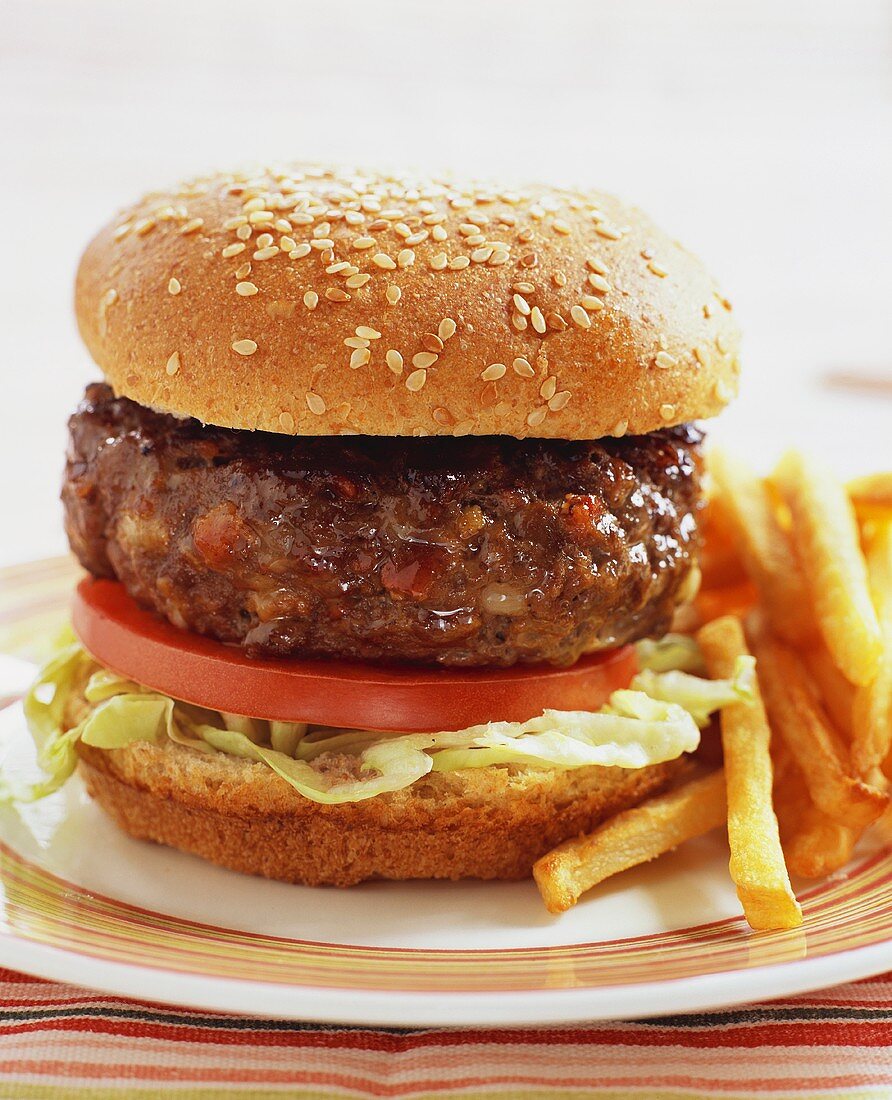 Hamburger with Lettuce and Tomato; Fries