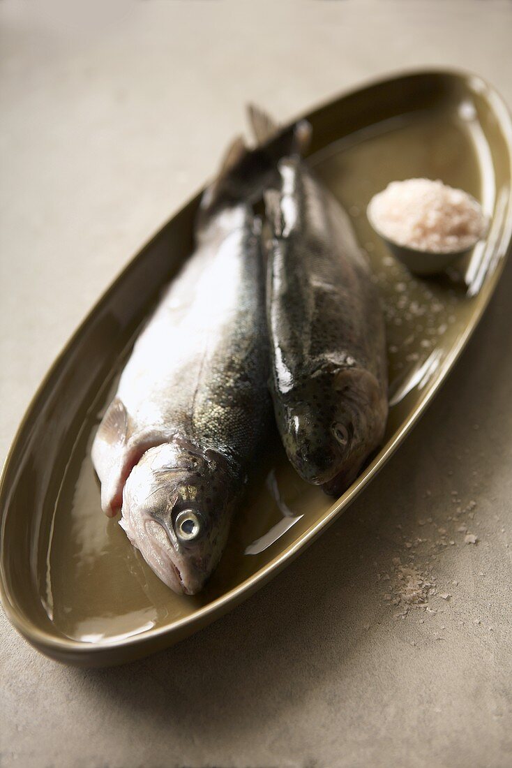 Two Trout with Pink Salt on a Platter