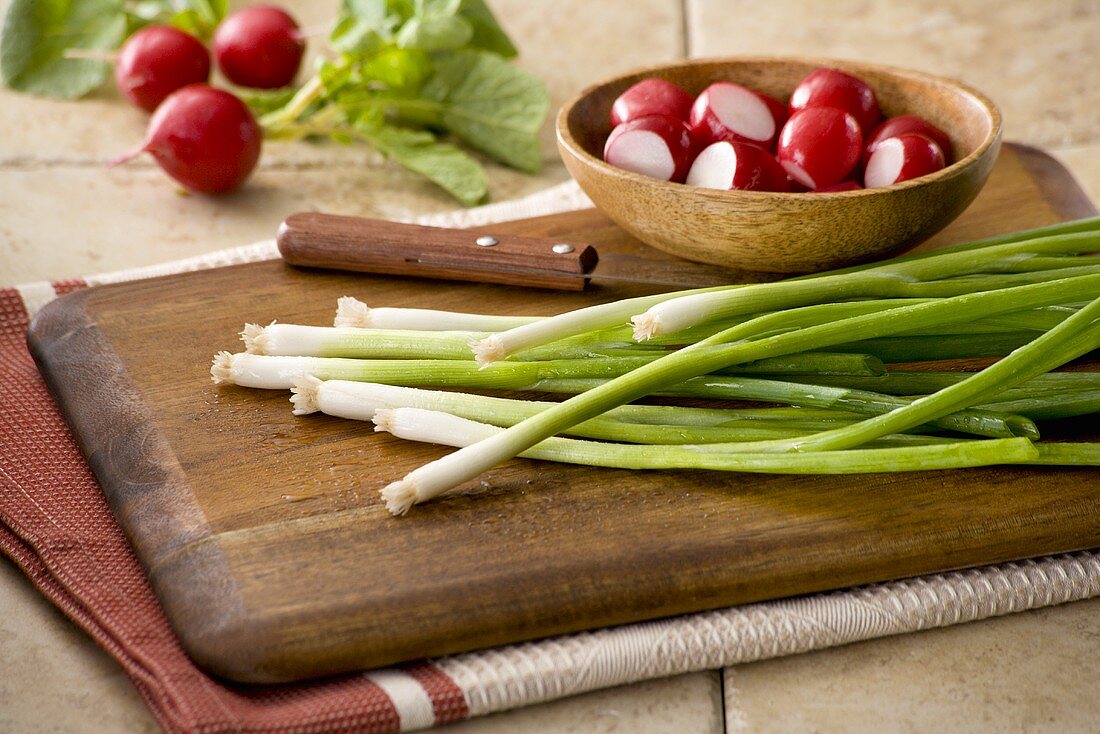 Fresh Green Onions on a Cutting Board with Fresh Radishes