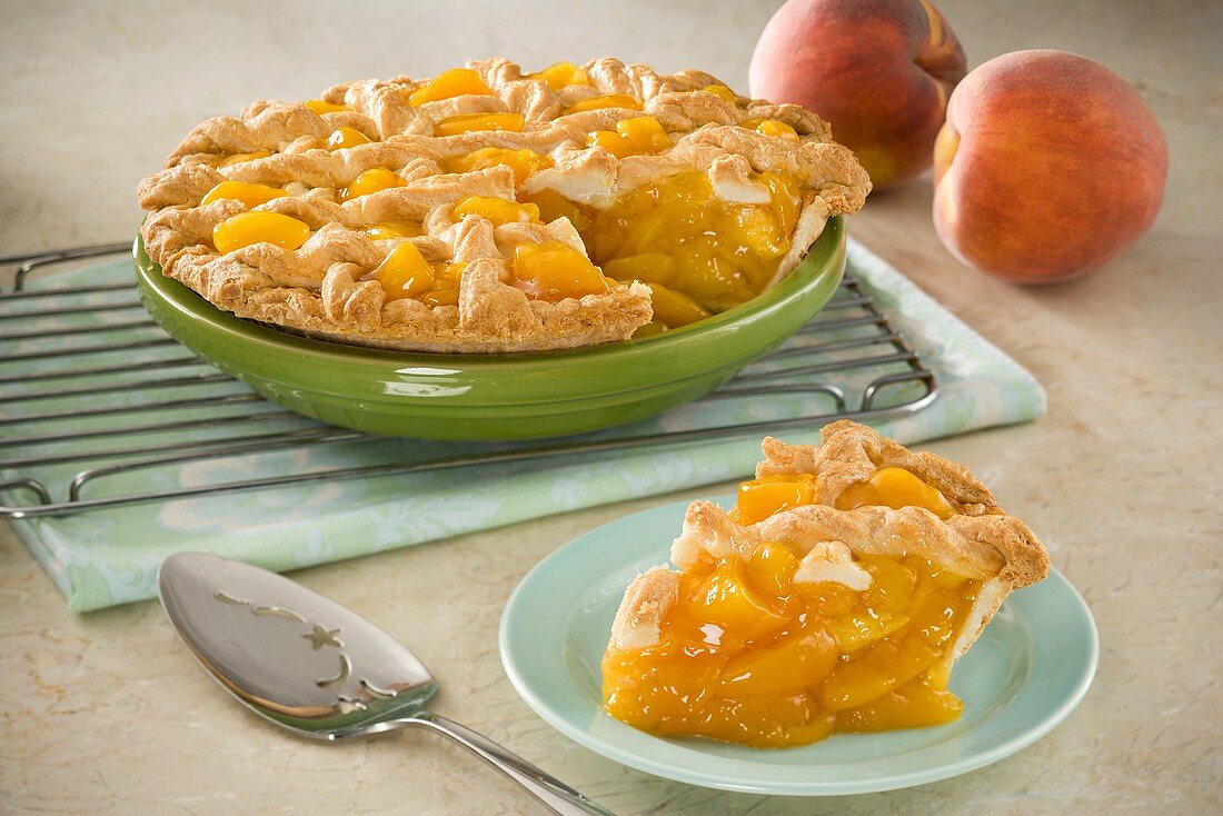 Lattice Peach Pie with Slice Removed, Fresh Peaches