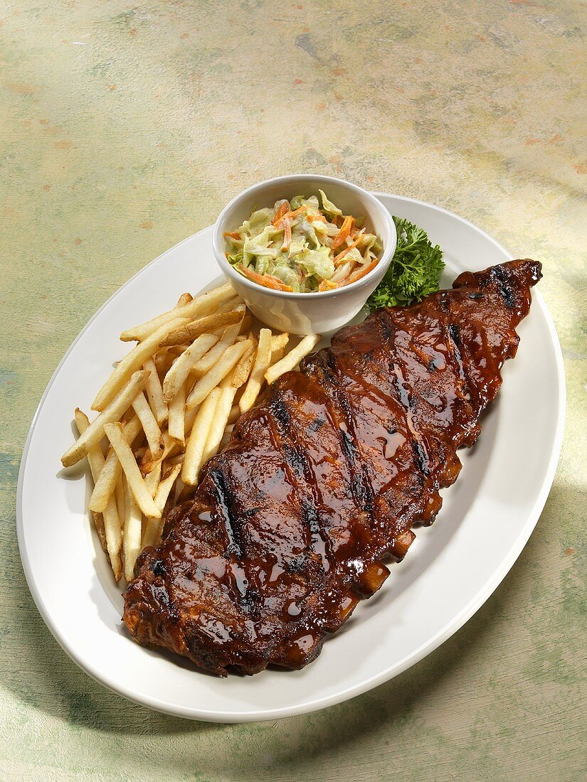 Slab of Barbecue Baby Back Ribs; Fries