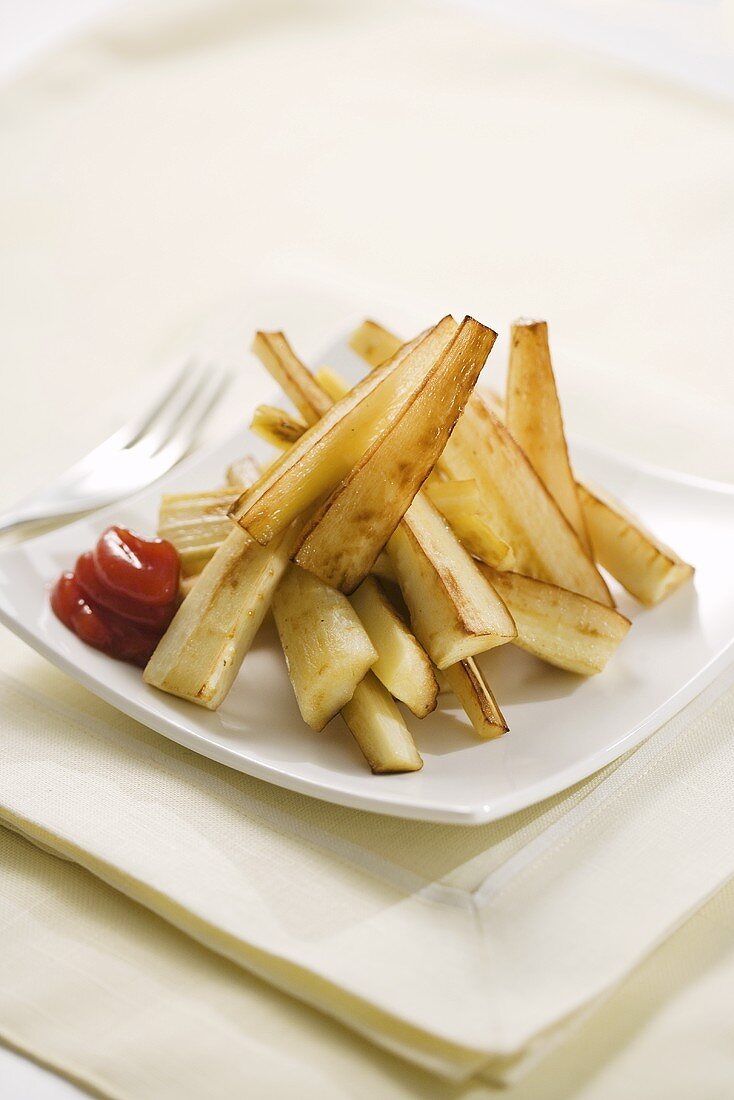 Parsnip Fries on a Plate with Ketchup
